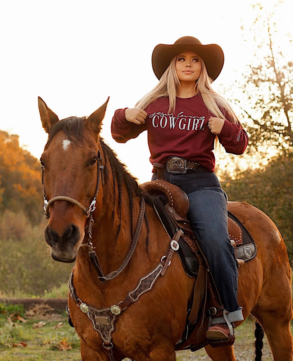 Jesus Loving Cowgirl Crewneck with optional sleeve customization